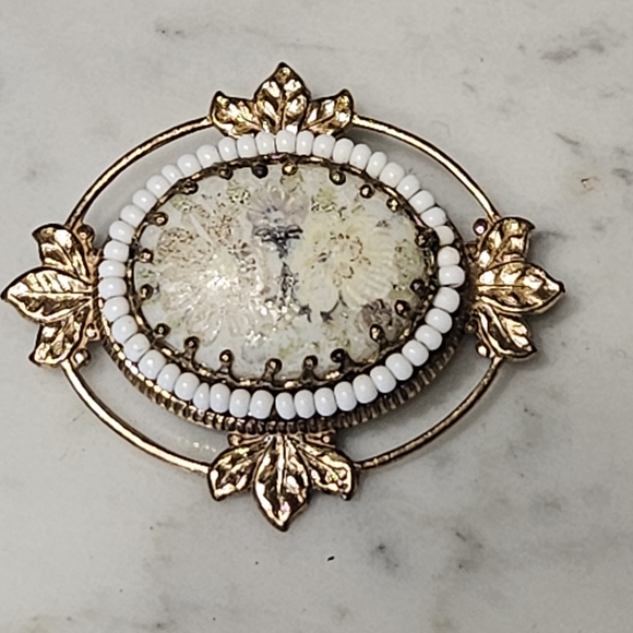 Miriam Haskell Jewelry - Old, Vintage Gold and White Brooch Signed Miriam Haskell